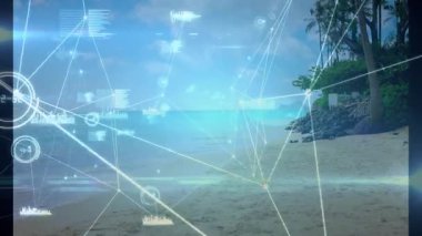 Sanal çizgiler plajda titreşiyor veri düğümlerini ve nabız çizelgelerini gösteren ağı genişletiyor. Futuristik, dijital, soyut, teknoloji, yenilik, bağlantı, görselleştirme