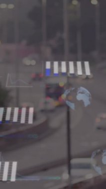 Şehir trafiğinin hava görüntüsüne karşı veri işleme animasyonu. Bilgisayar arayüzü ve iş teknolojisi kavramı