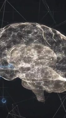 Karanlık arka planda insan beyni ve veri işleme animasyonu. Küresel yapay zeka, araştırma, bağlantılar, hesaplama ve veri işleme kavramı dijital olarak oluşturuldu.