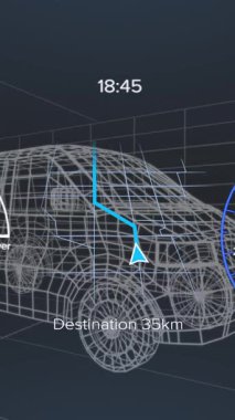 Siyah arka plandaki minibüs projesi üzerinde hız göstergesi ve güç seviyesinin canlandırılması. Yeşil enerji, elektrikli arabalar, tasarım ve teknoloji konsepti dijital olarak oluşturulmuş video.