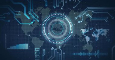 Şebeke haritası yükleniyor, HUD dönüyor, devreler titreşiyor, çubuklar yükseliyor ve analitik sinyaller için dalgalanmaya başlıyor. Teknoloji, veri görselleştirme, dijital arayüz, fütüristik, siber, analitik, hareket grafikleri