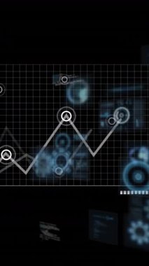 Veri işleme animasyonu ve kara arka planda dünya haritası. Küresel iş ve dijital arayüz kavramı dijital olarak oluşturulmuş video.