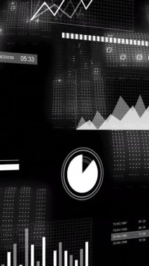 Finansal veri işleme ve siyah arkaplan üzerinde ikili kodlama animasyonu. Küresel finans, iş, bağlantılar, hesaplama ve veri işleme kavramı dijital olarak oluşturulmuş video.