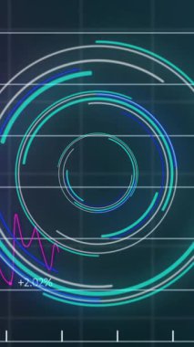 Animation of neon round scanner and statistical data processing against blue gradient background. Computer interface and business data technology concept