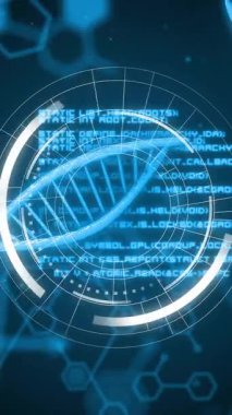 Siyah arkaplandaki DNA iplikçikleri üzerinde tarama yapan dijital veri işleme animasyonu. Küresel bilim, iş, bağlantılar, hesaplama ve veri işleme kavramı dijital olarak oluşturulmuş video.