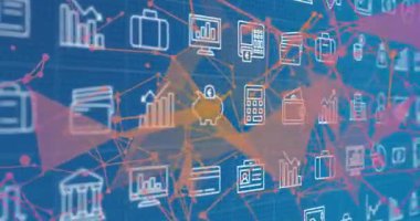 Simgeleri birbirine bağlayan pembe düğümleri duraklattıktan sonra, turuncu üçgenler simgeler boyunca titreşir, ağı görselleştirir. Finans, teknoloji, bağlantı, veri, analitik, dijital, modern