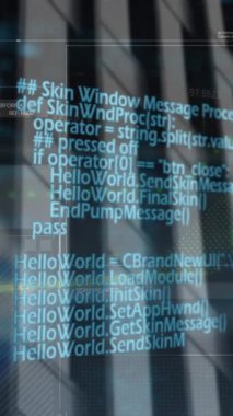 Animation of interface with data processing against tall building. Computer interface and business technology concept