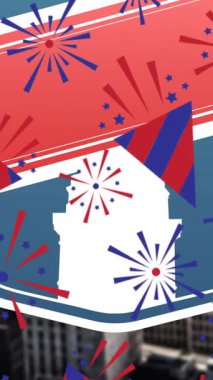 Özgürlük heykeli üzerinde kutlama mısırlarının ve havai fişeklerin canlandırması. Amerikan vatanseverliği, bağımsızlık ve kutlama konsepti dijital olarak oluşturulmuş video.