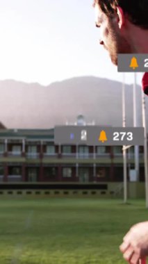 Çeşitli ragbi oyuncuları üzerinde simge ve veri işleme animasyonları. Küresel spor, rekabet, bağlantılar, hesaplama ve veri işleme kavramı dijital olarak oluşturulmuş video.