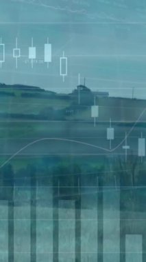 Finansal veriler ve borsa grafikleri, rüzgar türbinleri üzerindeki hareketliliği gösteriyor. Sürdürülebilirlik, finans, yenilenebilirlik, enerji, teknoloji, çevre