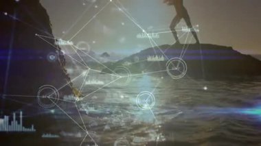 Bir kadın kaya üzerine basıyor ve denge testleri için veri düğümleriyle sağlık teknolojisini etkinleştiriyor. Sahil, siluet, dijital, bağlantı, esneklik, minimalist, fitness