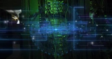 Sahne açılışı sunucu rafı holografik tarama atımlı ışın izleme sistemi sağlığından geçiyor. Siber güvenlik, altyapı, teknoloji, yenilik, dijital, fütüristik, ağ