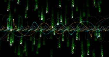 Karanlık dijital alan boyunca parlayan ikili haneli çok renkli dalga biçimi çizgileri dokuyorlar. Gelecekçi, siber uzay, veri, teknoloji, soyut, dijital, ağ
