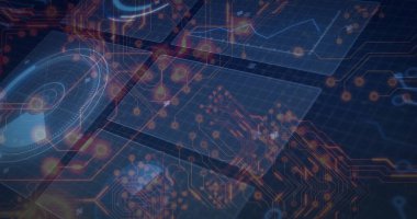 Dijital arayüzde yüzen devre ağının canlandırılması, parlayan düğümler ve devre izleri. Fütüristik, teknoloji, soyutlama, arayüz, dijital, görselleştirme, ağ