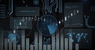 Ticaret panelinde dairesel radar grafiği gösteriliyor, şamdanı ve dünya haritasını gösteriyor. Gelecekçi, analitik, görselleştirme, teknoloji, dijital arayüz, veri