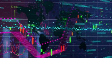 Ekranda dünya haritasını şamdanlarla ve noktalı çizgilerle kaplayan finansal şemayı sunuyorum. Finansal, analitik, dijital, görselleştirme, veri, küresel, pazar
