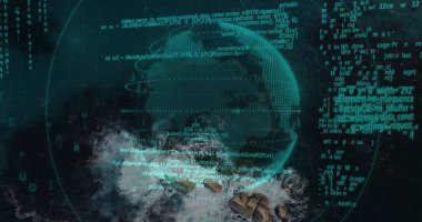 Kod akımları ve şebeke örtüleriyle kayalık sahil şeridinde süzülen kablo küresi. Gelecek, teknoloji, veri görselleştirme, dijital, okyanus, soyut, arayüz