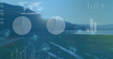 Göl kenarının üzerinde iki şeffaf turta çizelgesi, çizelgesi ve dünya haritası var. Veri, analitik, görselleştirme, teknoloji, doğa, finans, içgörü