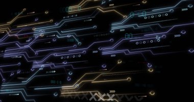 Sanal arayüzde devre yollarını ve düğümleri neon izleriyle birleştiren dijital ağ akışı. Teknoloji, bağlantı, siber alan, yenilik, fütüristik, veri akışı, sibernetik