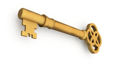 dijital olarak parlak altın anahtar beyaz arka planda oluşturulan