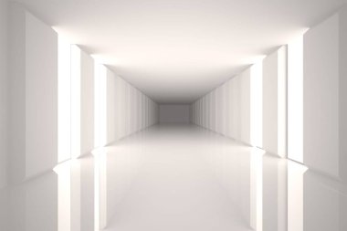 Uzun minimalist koridoru 3 boyutlu tasarım, parlak zemini ve aydınlık sütunları renklendiriyor. Gelecekçi, mimari, minimalizm, iç mekan, modern, parlak, yansıtıcı