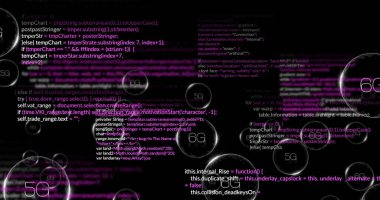 Sayısal ağ üzerinde 6G etiketli yarı saydam baloncuk, 5G küreler, mor hata çubukları. Teknoloji, yenilik, dijital, fütürizm, veri, bağlantı, siber uzay