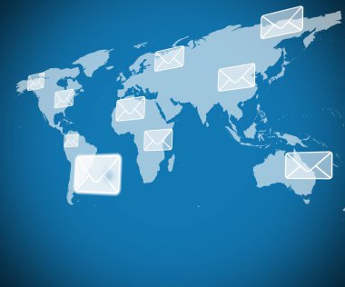 Mavi arkaplanda zarflar olan dünya haritası