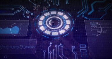 Merkez dairesel yükleme arayüzü veri panelleri ile kontrol merkezinde segmentli halkalarla gösteriliyor. Fütürist, siber punk, ui, teknoloji, dijital, yenilik, arayüz