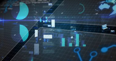 Sanal gösterge panelinde turta bölümleri ve düğümlerle birlikte holografik bar şeması gösteriliyor. Fütürist, teknoloji, veri görselleştirme, sanal, dijital, daldırıcı, neon