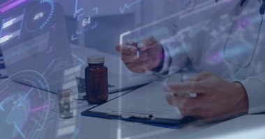 Doctor wearing coat and stethoscope holding prescription pill and bottle at desk, digital overlays. Healthcare, technology, documentation, precision, professionalism, innovation, data analysis