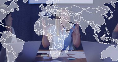 Business team in business attire discussing project at conference table, with laptops and charts. Corporate, collaboration, innovation, strategy, team, workspace, professional