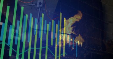 Displaying multicolored bar chart overlaying red line graph on hearth, with burning logs and flames. Financial analysis, data visualization, digital dashboard, cozy ambiance, warm atmosphere, interior decor, modern technology