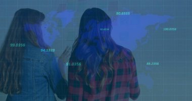 Standing analysts in denim jacket and checkered top reviewing metrics in lab with holographic map. Technology, innovation, collaboration, futurism, data visualization, digital interface, analysis