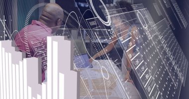 Analyzing printed charts blueprints and digital overlays, man and woman wearing suits in office. Technology, collaboration, innovation, enterprise, futuristic, analytics, strategic