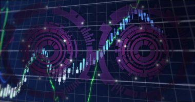 Ticaret platformunda şamdanlarla, neon yeşil çizgi grafiğiyle, dairesel HUD 'larla grafik gösteriliyor. Teknoloji, analitik, veri görselleştirme, neon, arayüz, bilgi, dijital