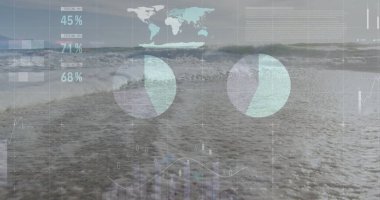 Displaying digital interface overlaying beach shore, with world map, percent labels and pie charts. Futuristic, data visualization, serene, technology, analytics, coastal, minimalistic