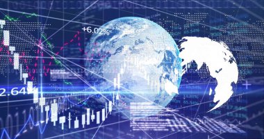 Displaying digital Earth globe hovering in data interface with candlestick charts and binary code. Globalization, technology, analytics, innovation, cybersecurity, finance, futurism