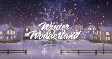 Glowing white script text spanning snowy village plaza at night, with lit houses and falling snow. Winter, festive, celebration, illumination, cozy, scenic, holiday