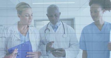 Walking medical team checking data in hospital hall, with clipboard, tablet, stethoscope, overlays. Professional, healthcare, technology, collaboration, diagnostics, modern, clinic