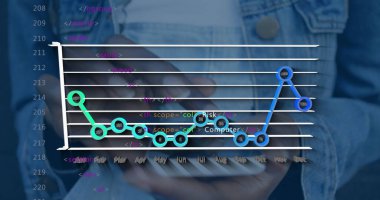 Woman holding smartphone and showing 3D line chart overlay in digital workspace, with HTML snippets. Technology, data visualization, analytical, innovation, digital, programming, professional