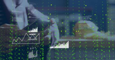 Interacting professional tapping smartphone at office desk with keyboard, charts and binary code. Technology, digital, finance, analytics, business, innovation, data