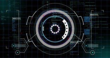 Displaying futuristic circular HUD interface on screen with grid overlay, code panels, data nodes. Technology, sci-fi, digital, innovation, user experience, interface design, cyber