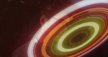 Displaying glowing holographic interface floating in research lab, with grid overlay and data rings. Futuristic, technology, data visualization, innovation, science, digital, abstract