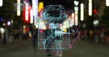 Displaying digital padlock icon with circuit board nodes glowing over nighttime street, neon bars. Cybersecurity, urban, technology, network, connectivity, innovation, nightscape