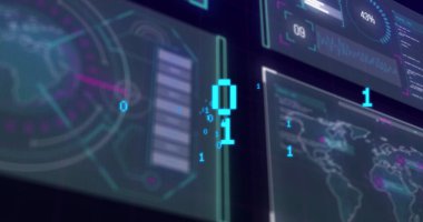 Floating blue binary digits drifting across control station panels, with bar chart and map modules. Futuristic, technology, data, visualization, interface, cyber, digital
