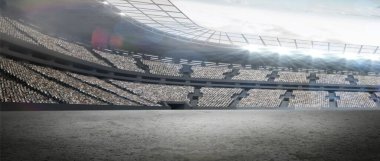 Empty playing surface is being shown in flat design arena interior, with tiered seats, lens flare. Stadium, architecture, modern, event, spectators, illumination, transparency