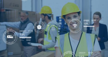 Smiling worker wearing hard hat scanning boxes in warehouse aisle, with digital icons, copy space. Logistics, supply chain, inventory, teamwork, industrial, technology, efficiency