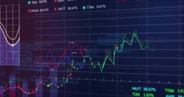 Tracking green zigzag chart on trading platform screen, with candlestick bars, percentage labels. Finance, analytics, digital, investment, technology, data visualization, stockmarket
