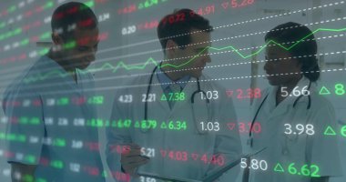 Medical team analyzing stock ticker overlay on clipboard in hospital hallway, with stethoscopes. Professional, teamwork, diagnostics, analytics, healthcare, innovation, collaboration