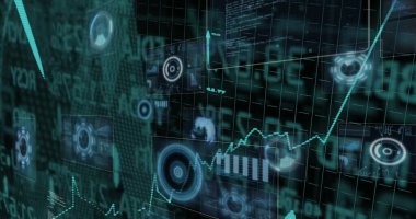 Displaying data overlays on control monitor, with teal line graph, HUD elements and code overlays. Futuristic, technology, interface, analytics, visualization, cybersecurity, digital